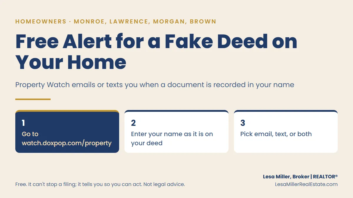 Property Watch is a free county alert that emails or texts you when a document is recorded in your name