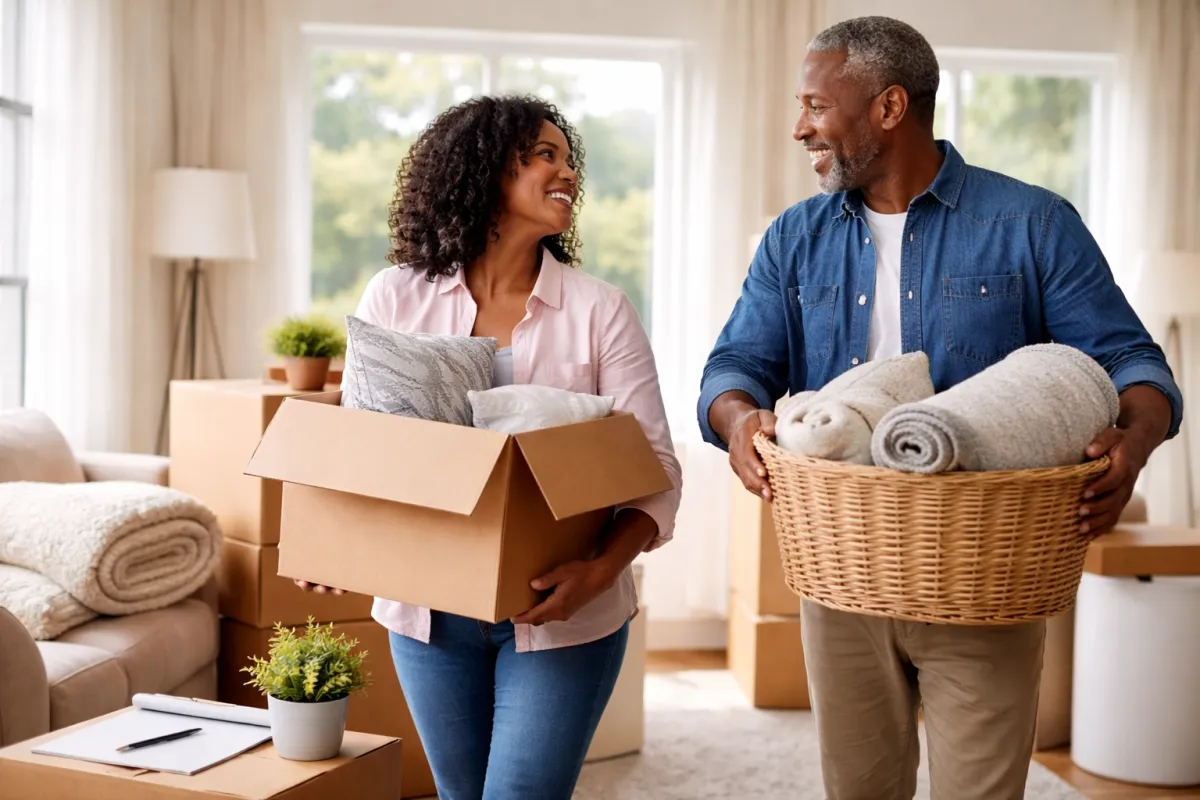 Smiling couple carrying moving boxes and a laundry basket with folded towels in a bright living room during a move.