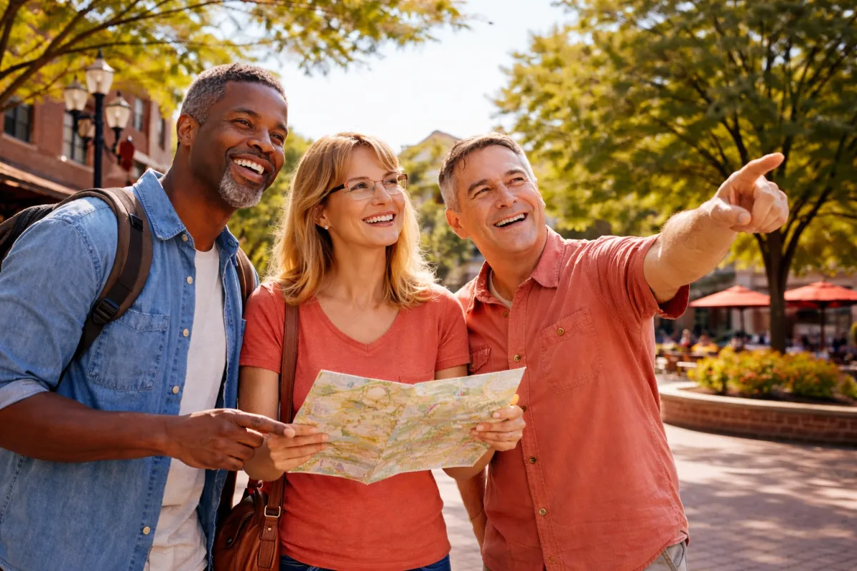 Diverse group of adults exploring downtown Bloomington, Indiana with map near local shops and trees