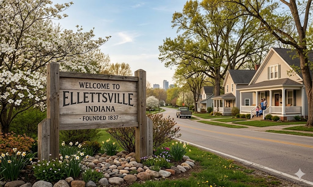 Welcome to Ellettsville, Indiana sign with homes, blooming trees, and a quiet residential street near Bloomington