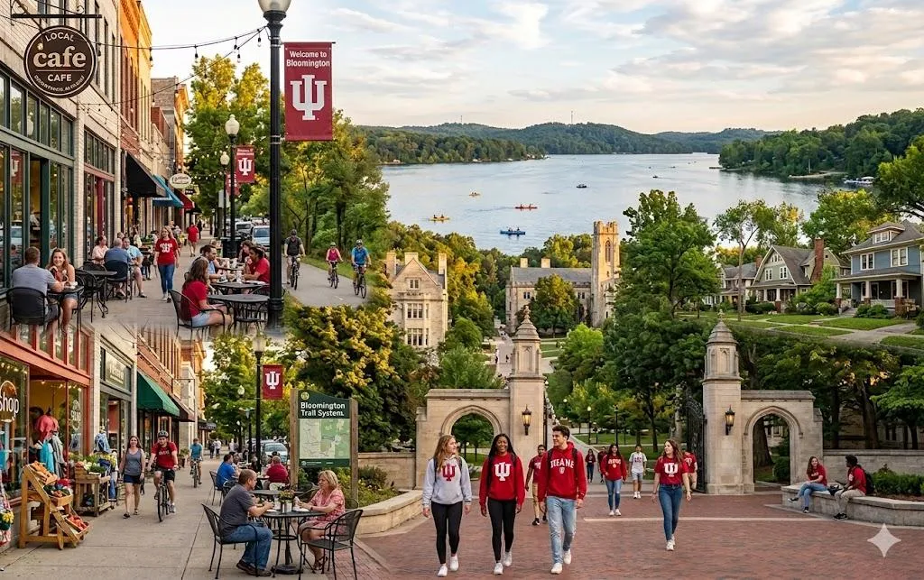 Collage of Bloomington Indiana showing Indiana University, downtown cafes, local trails, neighborhoods, and nearby water recreation.