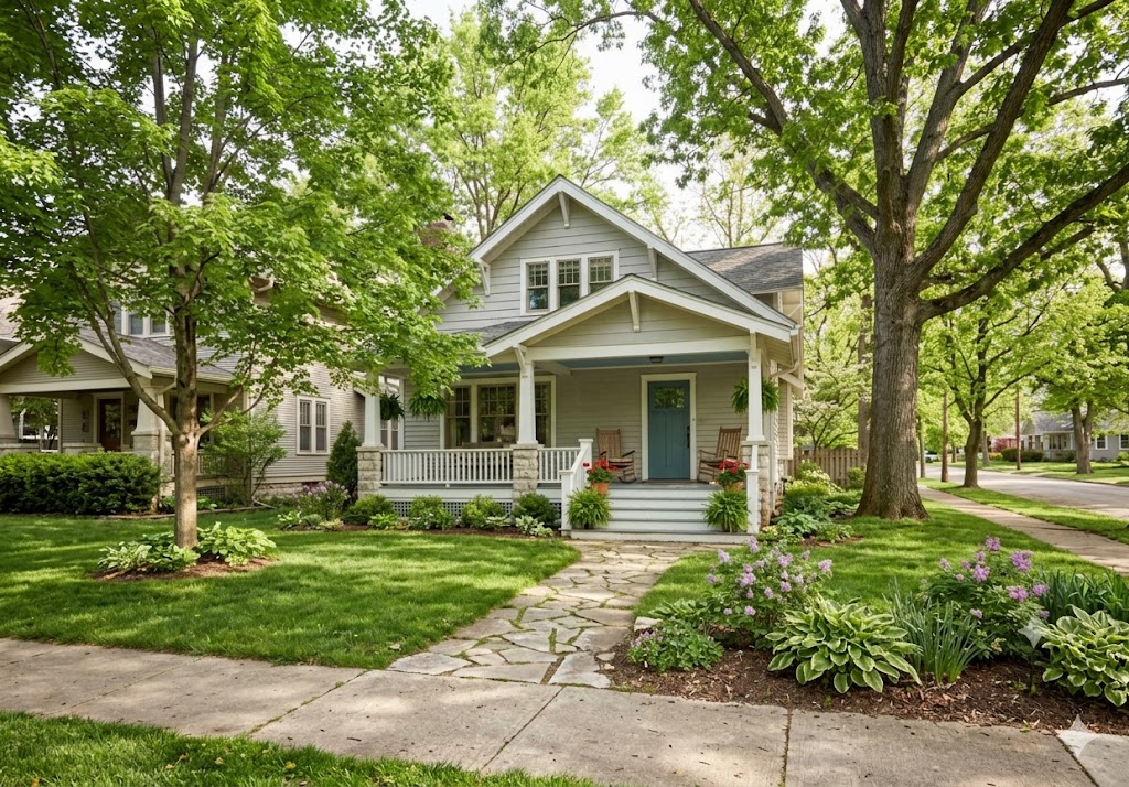 A warm and inviting exterior of a craftsman-style home like what you can see in Bloomington, Indiana, featuring a light grey facade, a spacious front porch with white railings, and a blue front door. The house is surrounded by lush green grass, mature trees with vibrant spring foliage, and a stone walkway leading through a tidy garden with blooming purple flowers.