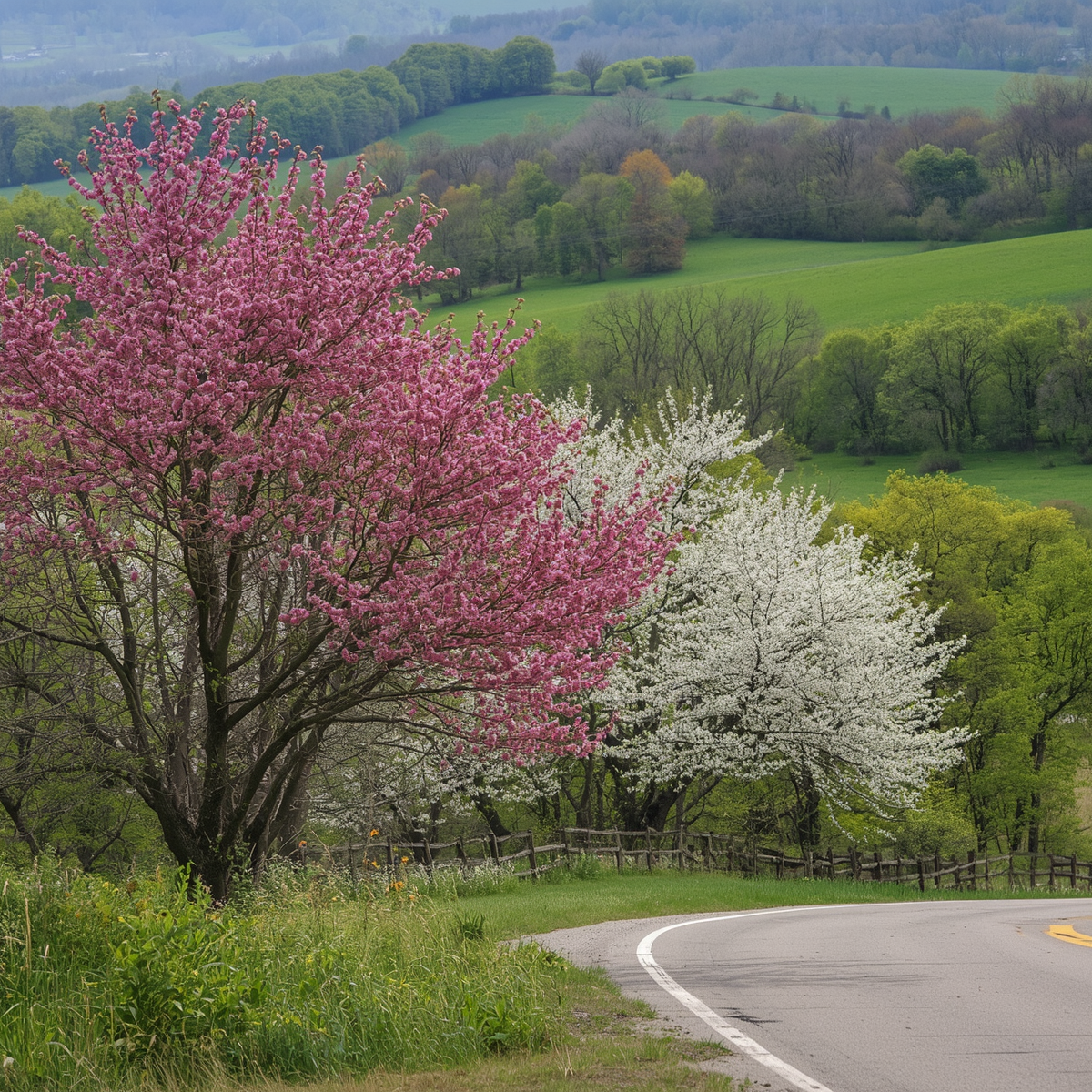 Spring redbud trees blooming along southern Indiana highway near Bloomington — Lesa Miller Real Estate