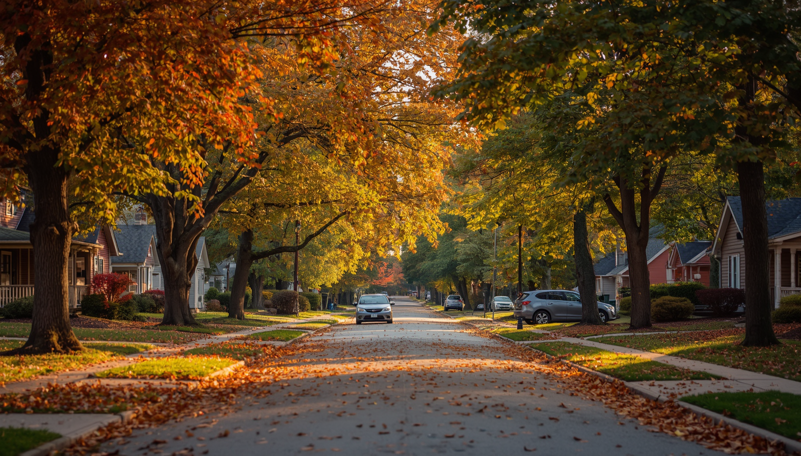 Indiana neighborhood homes and tree-lined street in fall color — Lesa Miller Real Estate