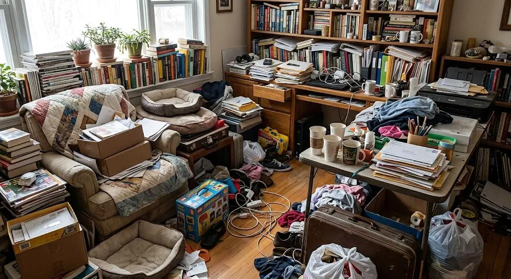 A highly cluttered home office filled with piles of books, overflowing papers, messy desks, tangled cords, and disorganized storage bins, representing the overwhelm of packing and downsizing.