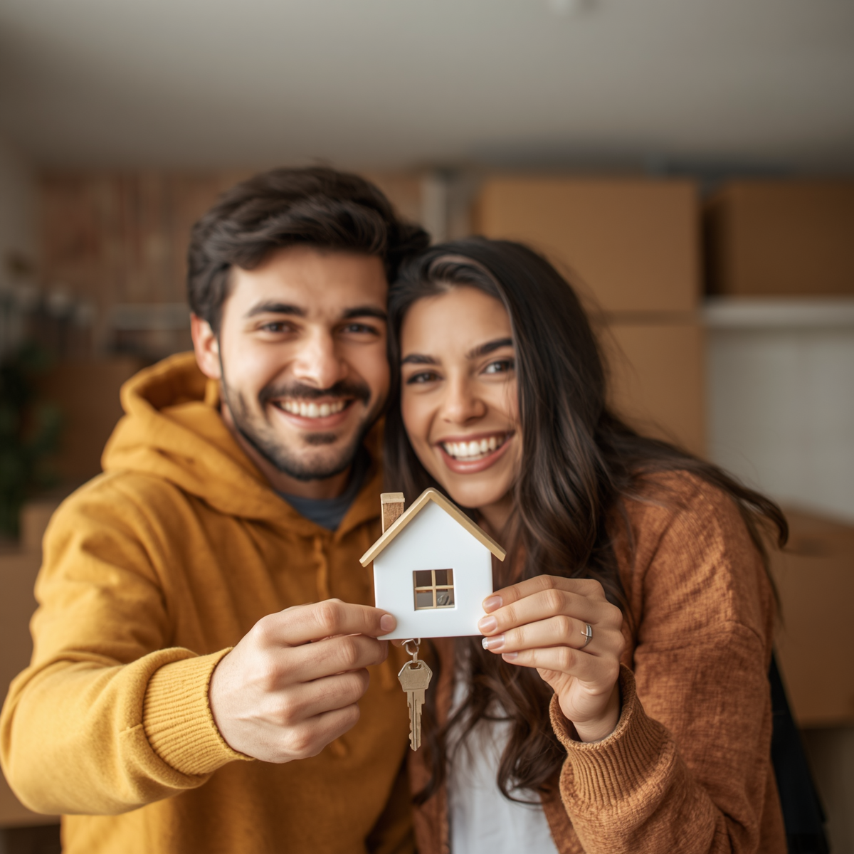 Smiling young couple holding house keys and a model home on closing day, representing 1st time homebuyers in Bloomington, Indiana.