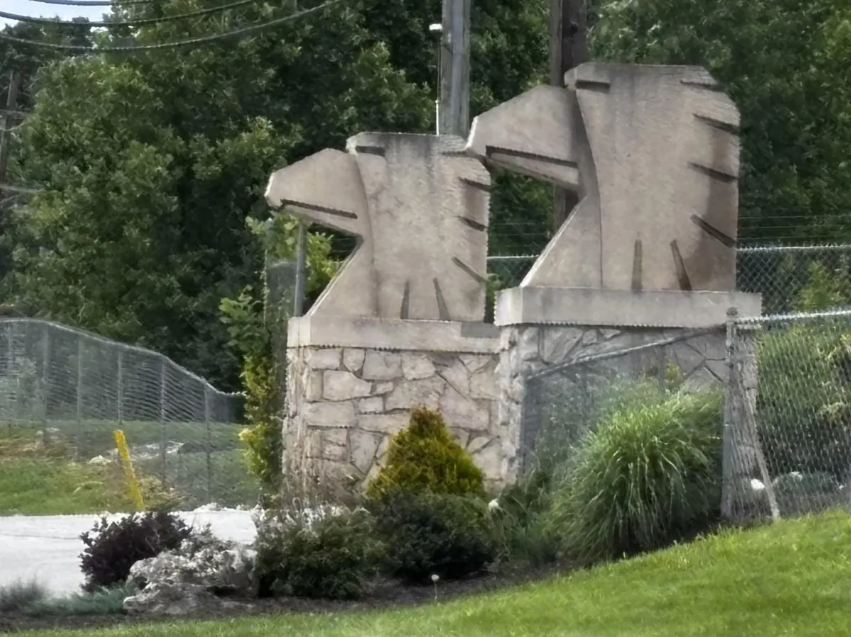 Indiana limestone entrance with carved eagle heads near Empire Quarry in Bedford, Indiana