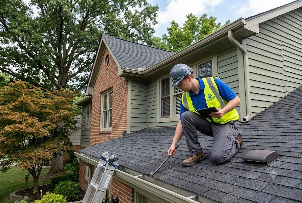 Home inspector examining roof and exterior of a Bloomington Indiana home