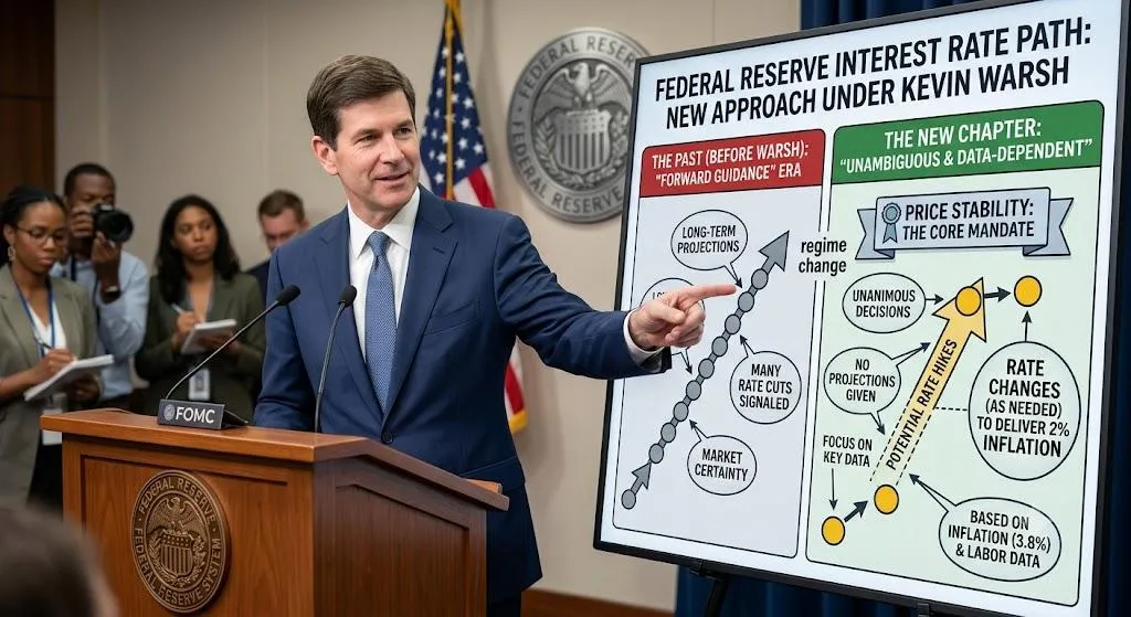 Presenter at a Federal Reserve press briefing pointing to a chart explaining a new interest rate path, price stability, inflation data, and rate changes.