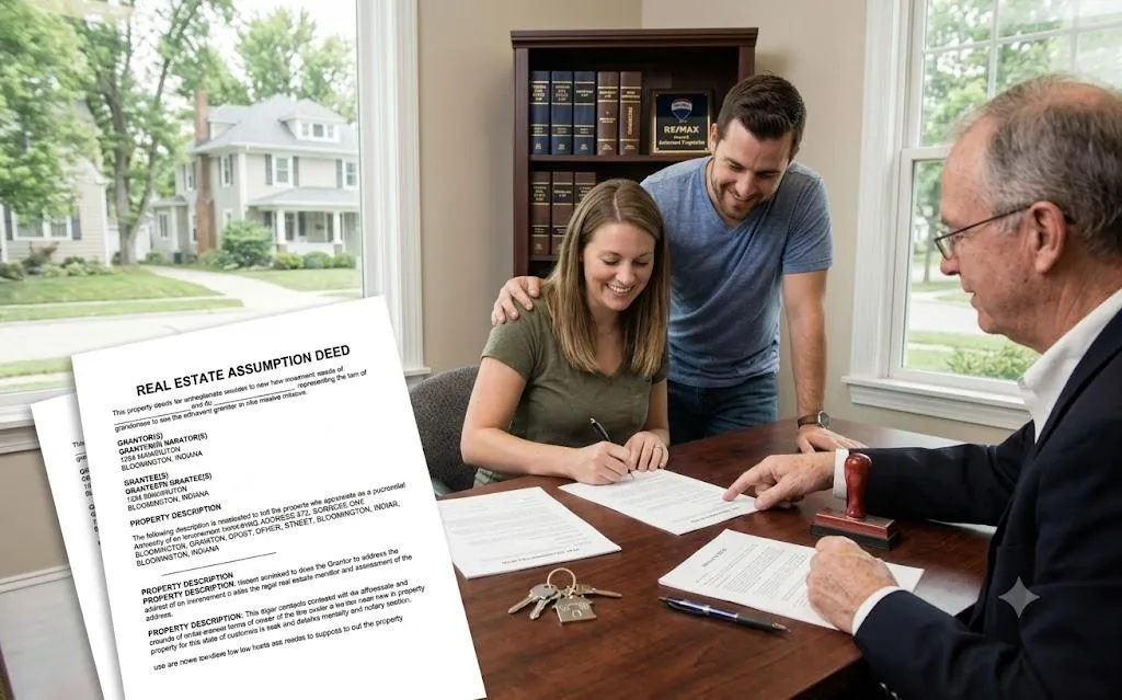 A couple signing a real estate assumption deed with a real estate agent.