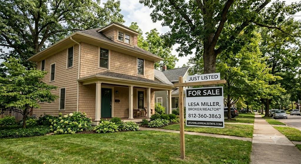 A for sale sign in front of a home like you would find in Bloomington Indiana with mature trees, representing the local housing market