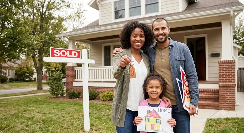 A happy family of three smiling in front of their new home next to a red "SOLD" sign, with the mother holding up the keys.