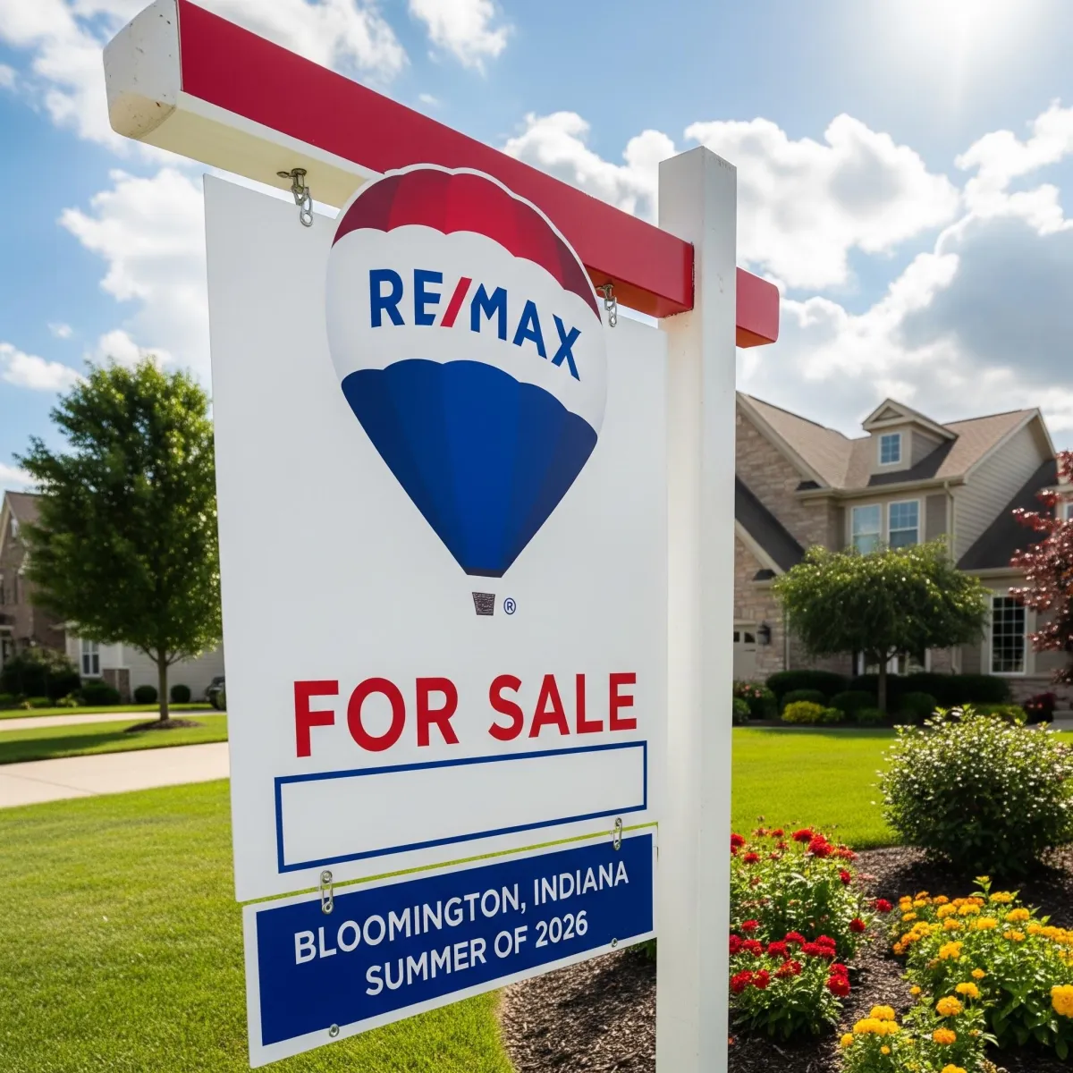 Bloomington, Indiana, residential street with summer foliage and a for sale sign in front of the home.