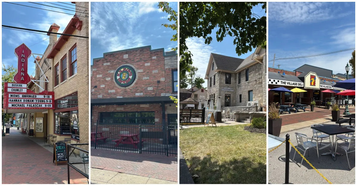 Buskirk-Chumley Theater, Kilroy's, Parlor Doughnuts, and The Village Deli storefronts in downtown Bloomington Indiana