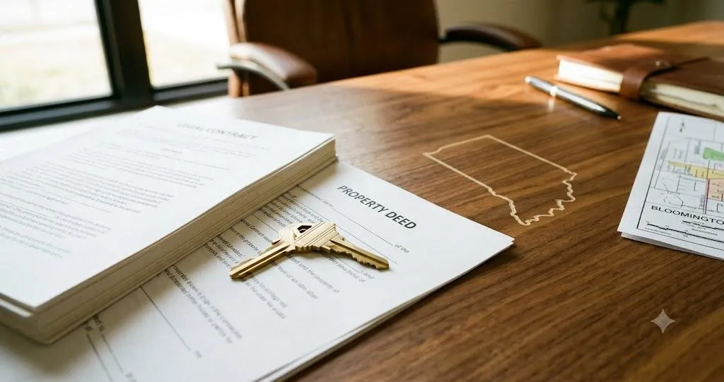 Brass keys resting on a property deed beside legal contracts and an outline of Indiana, symbolizing the state's new SEA 256 real estate law
