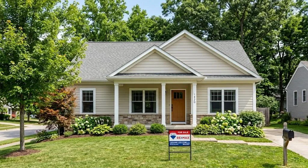 RE/MAX for sale sign in front of a typical Bloomington, Indiana home, representing mortgage financing options and down payment assistance programs for repeat homebuyers.