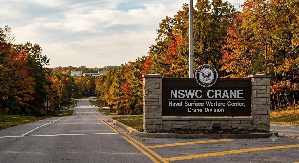 NSWC Crane entrance sign with stone pillars and a Navy seal, autumn trees lining the road into Naval Surface Warfare Center Crane Division in Indiana