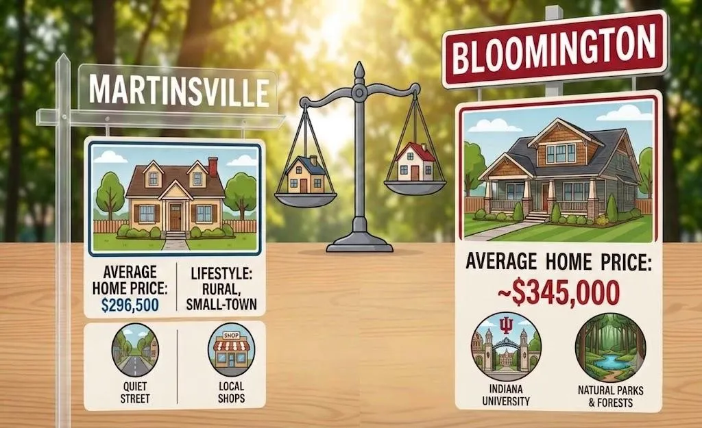 Split-screen graphic comparing Martinsville and Bloomington, Indiana homes, illustrated houses under city road signs connected by a balance scale, with home price figures and small lifestyle icons for each city.