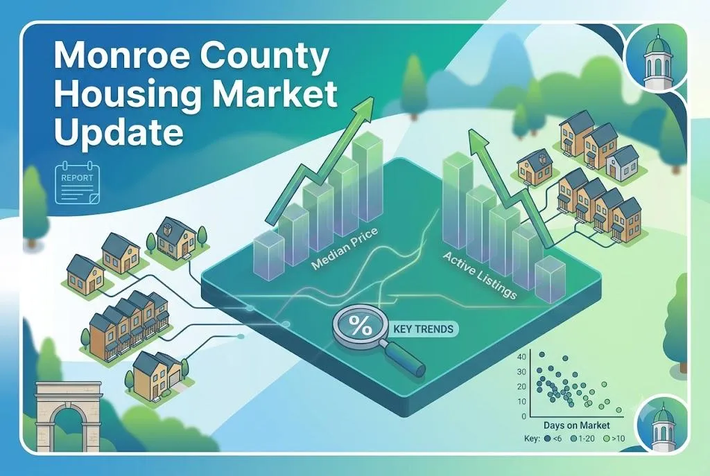 Infographic for a Monroe County Housing Market Update featuring 3D bar graphs for Median Price and Active Listings sitting on a simple, clean rectangular base, surrounded by stylized illustrations of local homes and Bloomington-style architectural details.