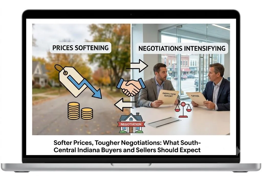 A split-screen illustration for a real estate blog post titled "Softer Prices, Tougher Negotiations." The left side shows a suburban street with a price tag and a declining blue arrow over stacks of coins. The right side features two professional real estate agents in an office negotiating over an inspection report and an offer.