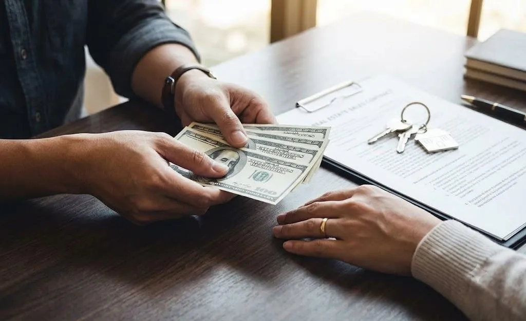 Close-up of a buyer handing cash over a wooden table to a real estate agent next to a signed house sales contract and home keys.