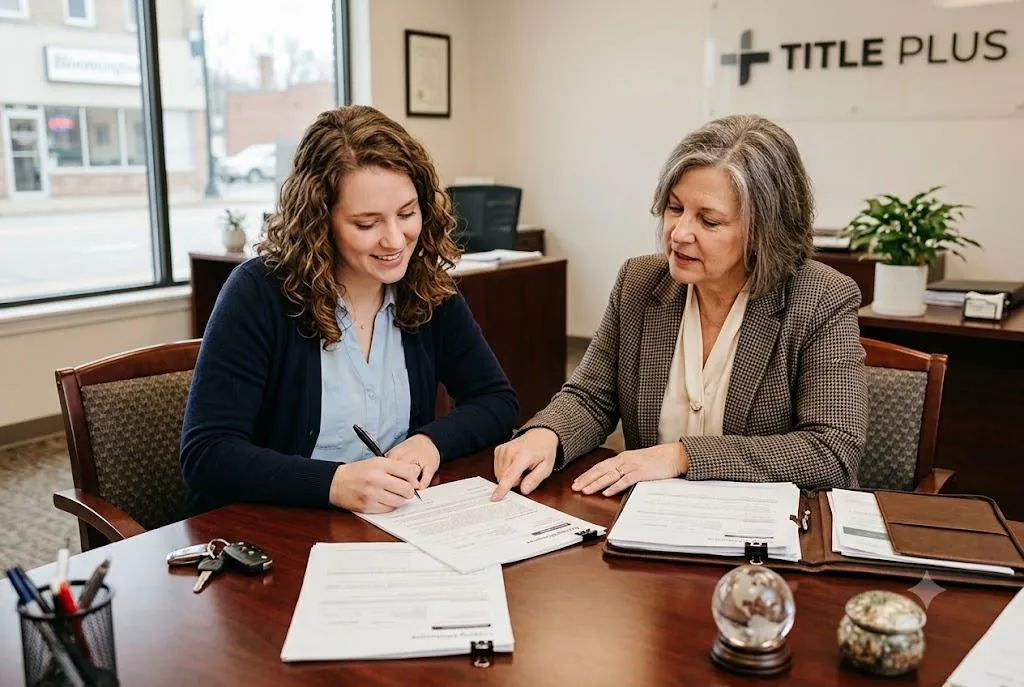 Buyer and closing agent reviewing paperwork at a title company closing table in Bloomington, Indiana