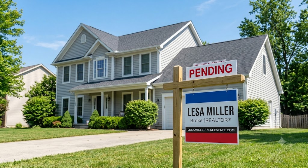 A neighborhood house with a "PENDING" real estate yard sign and Lesa Miller Realtor branding in the foreground.