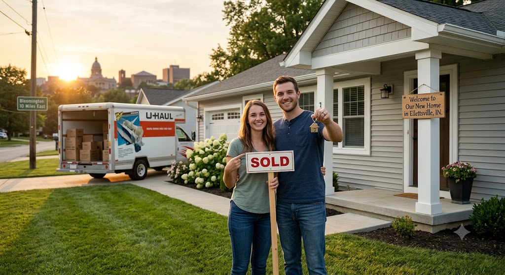 A smiling young couple stands on the porch of a new house, holding a 'SOLD' sign and house keys. A U-Haul moving truck with boxes is in the driveway behind them. A sign on the road reads 'Bloomington: 10 Miles East'. The background shows a suburban neighborhood under a sunset sky.