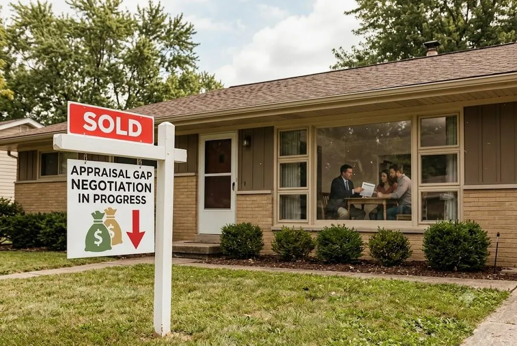 Real estate sign in front of a Bloomington home reading "Appraisal Gap Negotiation In Progress" with a home buyer and seller discussing paperwork inside.