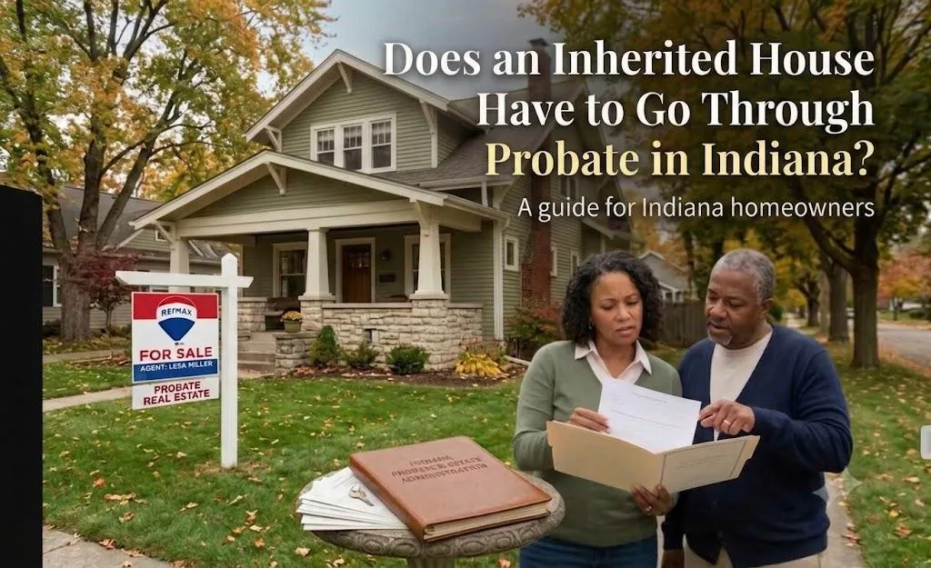 A couple looks at legal documents and an estate administration book, standing in front of a Craftsman home in Indiana during the autumn, which has a RE/MAX "For Sale" sign with a probate real estate rider. In the upper right, text reads, "Does an Inherited House Have to Go Through Probate in Indiana?" and "A guide for Indiana homeowners."