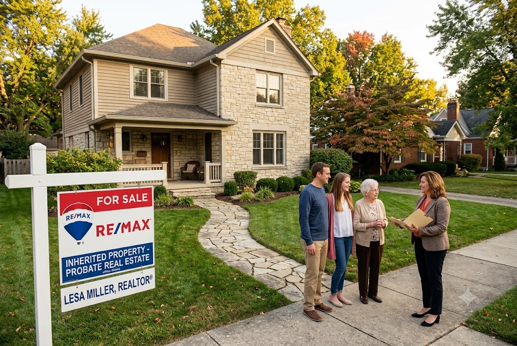 Lesa Miller, an experienced RE/MAX Realtor, helps an inheriting family (mother and children) in front of a stone and siding Bloomington house. Lesa's assistant hands them a portfolio on the sidewalk. A RE/MAX "For Sale" sign in the yard marks "Inherited Property - Probate Real Estate," emphasizing her local expertise.