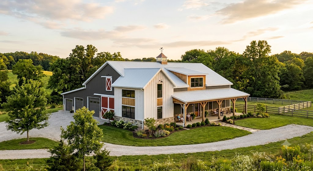 Two-story barndominium with dark gray and white board-and-batten siding, red barn-style garage doors, a metal roof with a cupola, and a wraparound covered porch, on a rural property with mature trees and a gravel driveway.