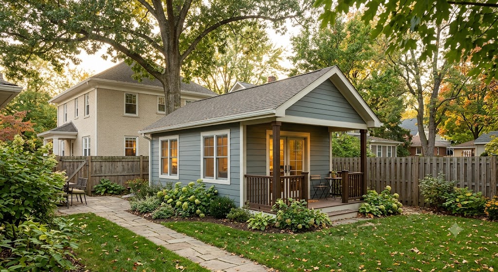 Small detached accessory dwelling unit behind a single-family home like what you might find in Bloomington, Indiana