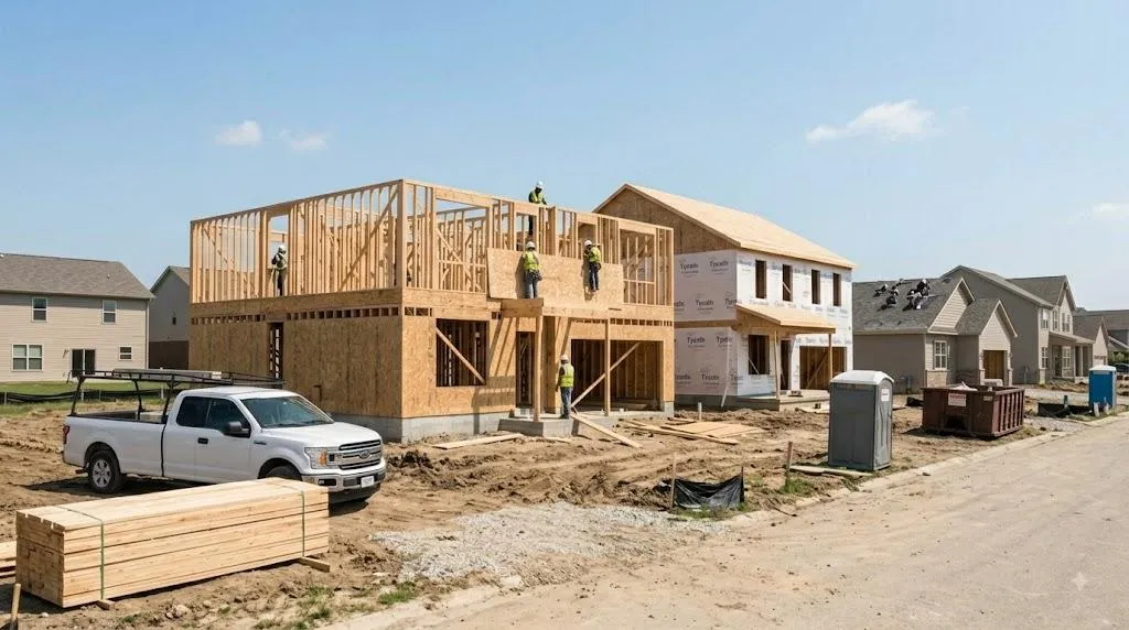 A wood-framed house under construction in a new residential subdivision, with a work crew on site.