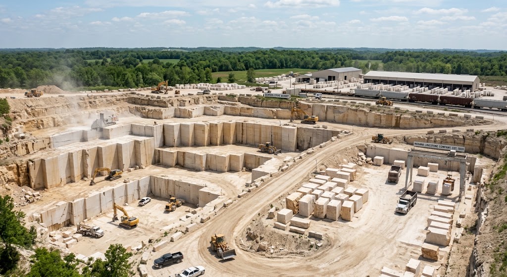 Image aerial view of an active limestone quarry that you would see near Bedford, Indiana, showing terraced stone walls, quarrying equipment, and stacked blocks staged for shipment.