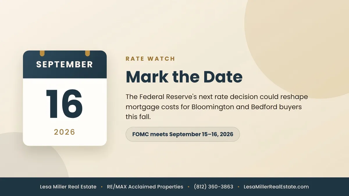 Branded calendar graphic marking September 16, 2026, reading 'Mark the Date,' noting that the Federal Reserve's next rate decision could affect mortgage costs for Bloomington and Bedford buyers, with the FOMC meeting September 15-16, 2026.