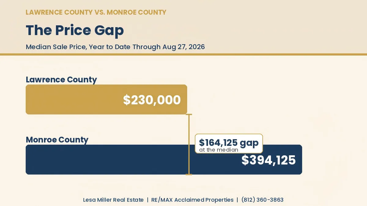 Bar chart comparing Lawrence County and Monroe County median home sale prices, year to date through August 27, 2026: Lawrence County at $230,000, Monroe County at $394,125, a gap of $164,125.