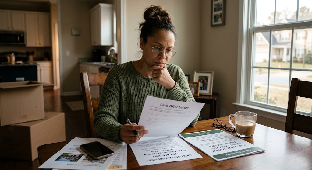 A homeowner reviewing a cash offer letter for their house, representing the decision between a cash-buyer offer and a traditional sale.