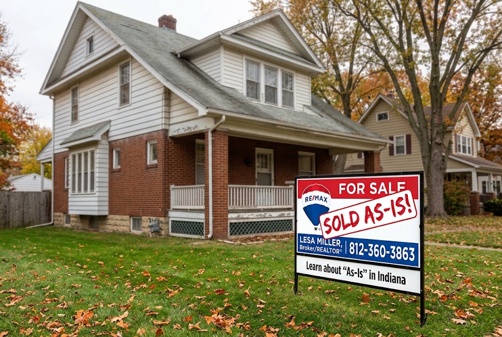 A RE/MAX For Sale sign reading Sold As-Is stands in front of a two-story brick and white-sided craftsman home with a covered porch, mature trees showing fall color in the yard.
