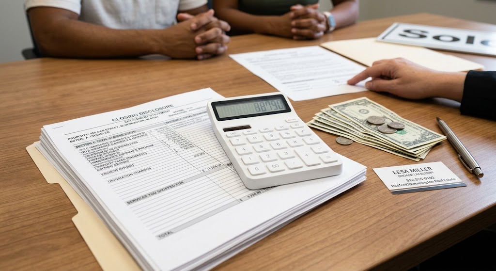 A calculator and closing documents on a table, representing a buyer's closing cost breakdown for a home purchase in Indiana.