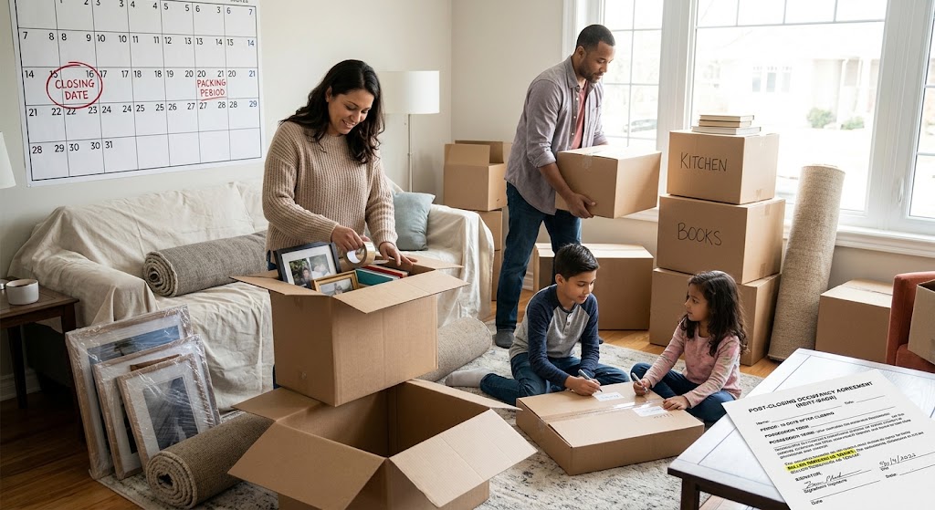 An illustrated infographic for Seller Education, featuring a happy family packing boxes and a clear 'Rent-Back Agreement' for staying in their home after closing.