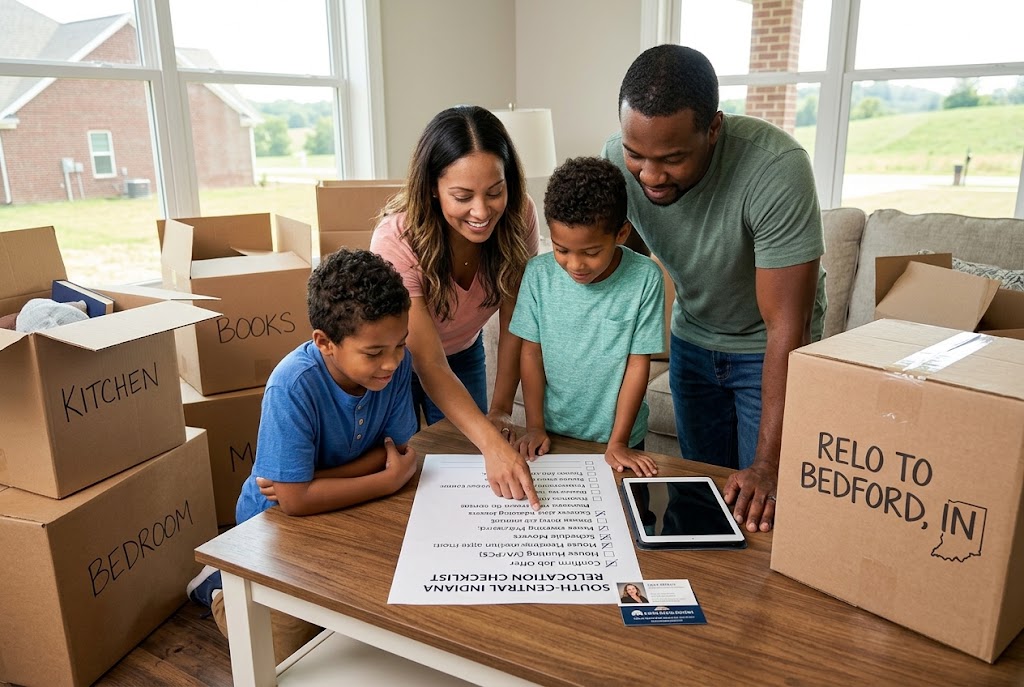 A family of four looks at a paper relocation checklist and an iPad surrounded by packed moving boxes labeled "BEDROOM," "KITCHEN," and "RELO TO BEDFORD, IN."