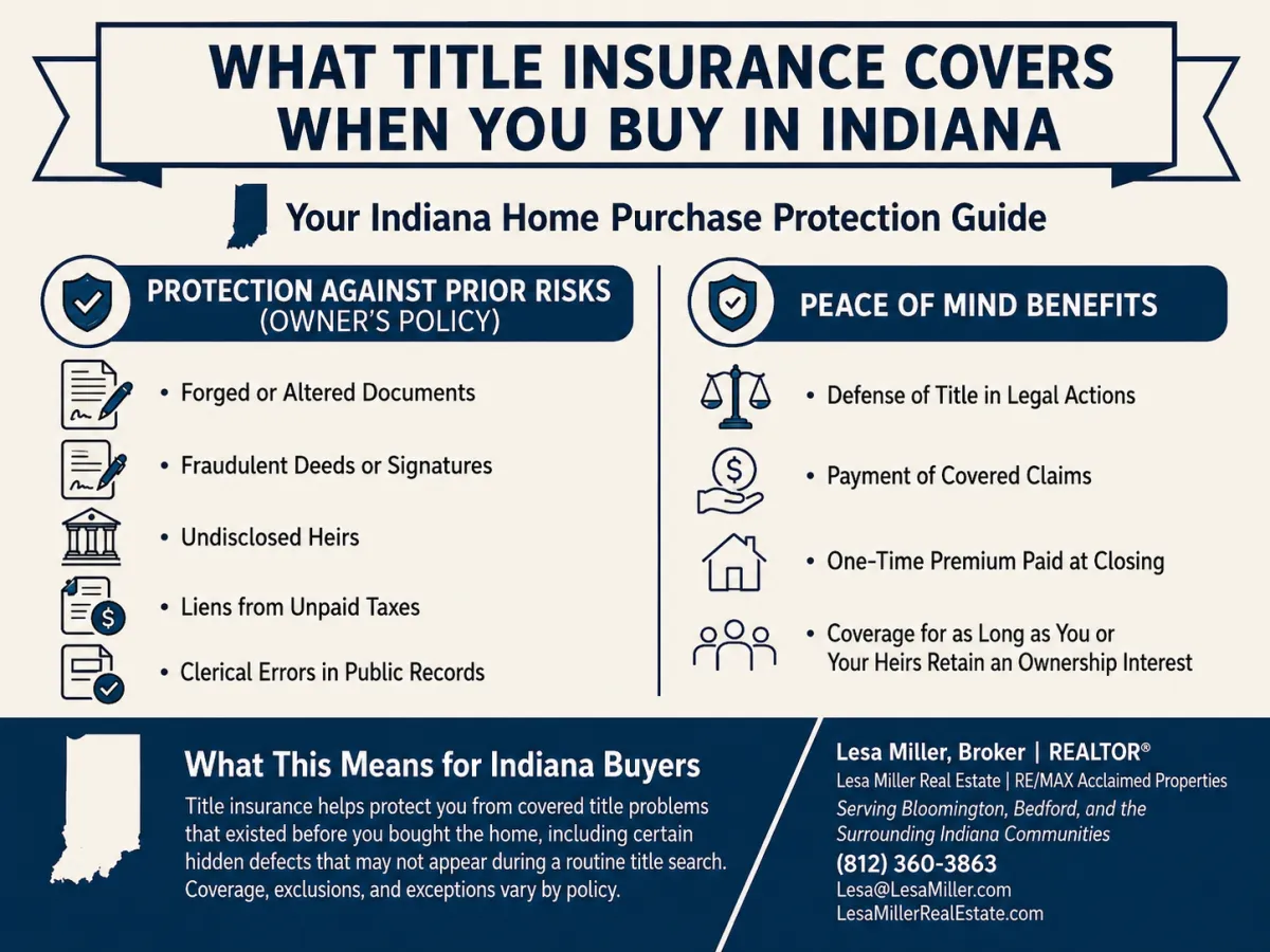 "What Title Insurance Covers When You Buy in Indiana," listing owner's policy protections (forged documents, fraudulent deeds, undisclosed heirs, tax liens, clerical errors) and benefits (legal defense, claim payment, one-time premium, lasting coverage), with Lesa Miller's contact information.