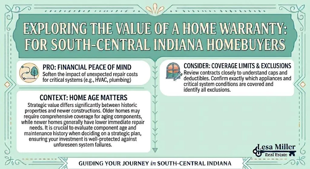 A branded infographic for Lesa Miller Real Estate asking if a home warranty is worth it for Bloomington and Bedford homebuyers, using a cream and deep blue design with illustrated home examples.