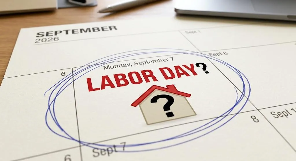 A calendar page showing Labor Day with a small house icon, representing the question of whether the housing market slows down over Labor Day weekend.