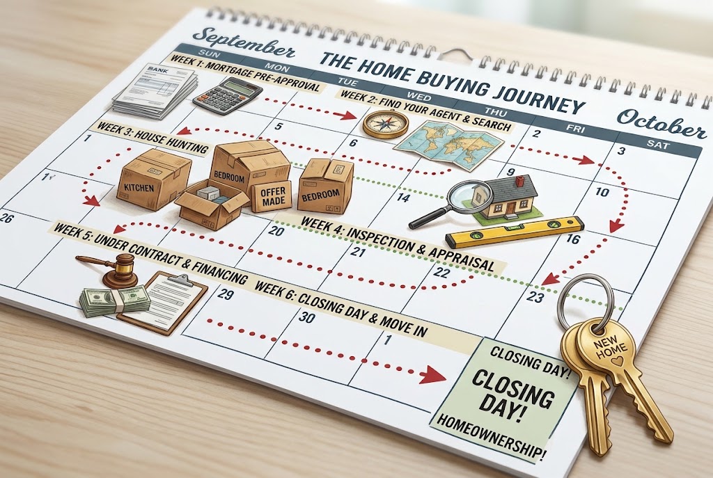 A calendar with moving boxes and house keys, representing the week-by-week home buying timeline.