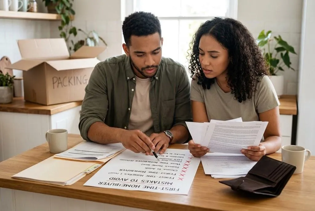 Young couple sitting at a table thoughtfully reviewing homebuying paperwork and a checklist labeled mistakes to avoid, with packing boxes in the background.