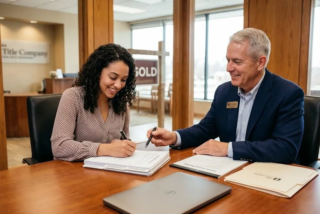 A homebuyer and a title agent seated at a wooden desk review a stack of closing documents and a laptop in a bright office with a 'SOLD' sign visible in the background.