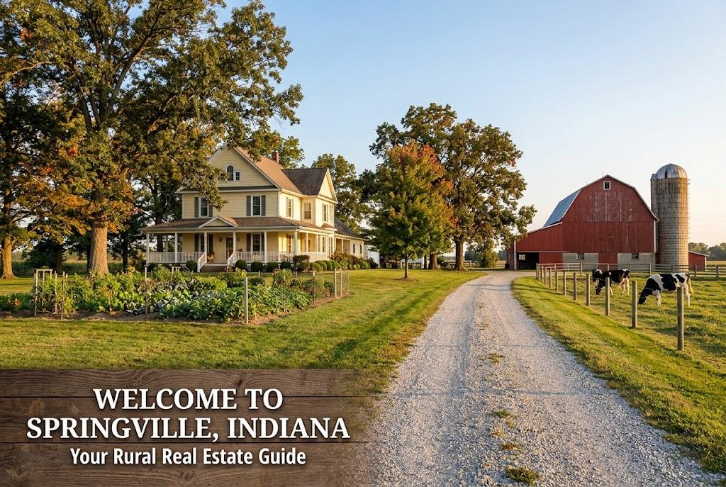 A scenic, late-afternoon photograph of a rural Springville, Indiana homestead, featuring a curving gravel driveway, a light-yellow farmhouse with a wrap-around porch, mature oak trees, a red barn with a silo, a fenced pasture with grazing cows, and a "Welcome to Springville, Indiana" message subtly overlaid in the corner.