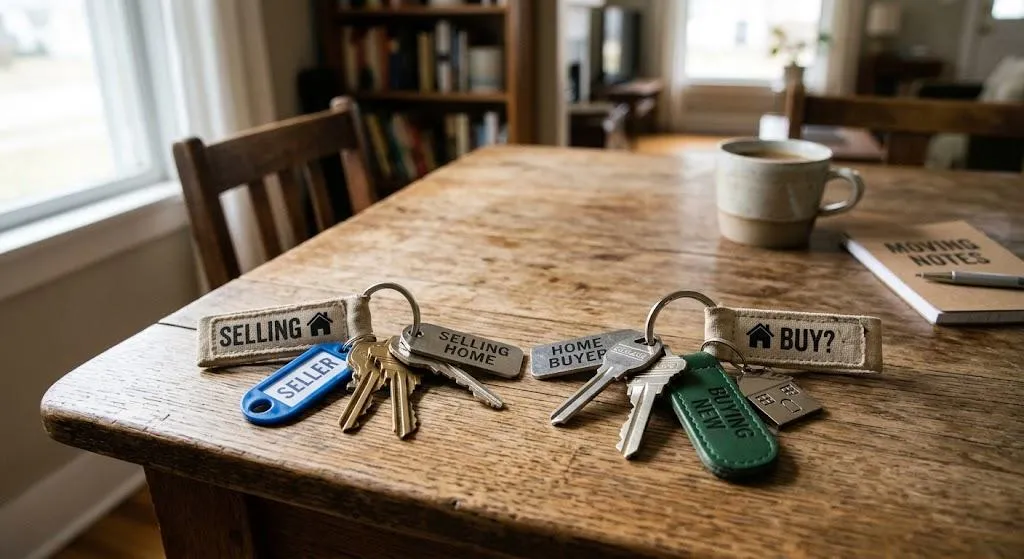 Two sets of house keys sitting side-by-side on a wooden table next to a coffee mug and a notepad labeled "Moving Notes," with keychains tagged "SELLING" and "BUY?".